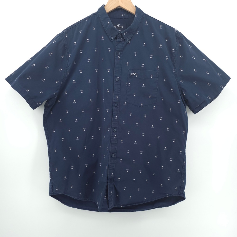 Hollister Mens Button Down Epic Flex XL Navy Blue Palm Tree Print‎ Shirt